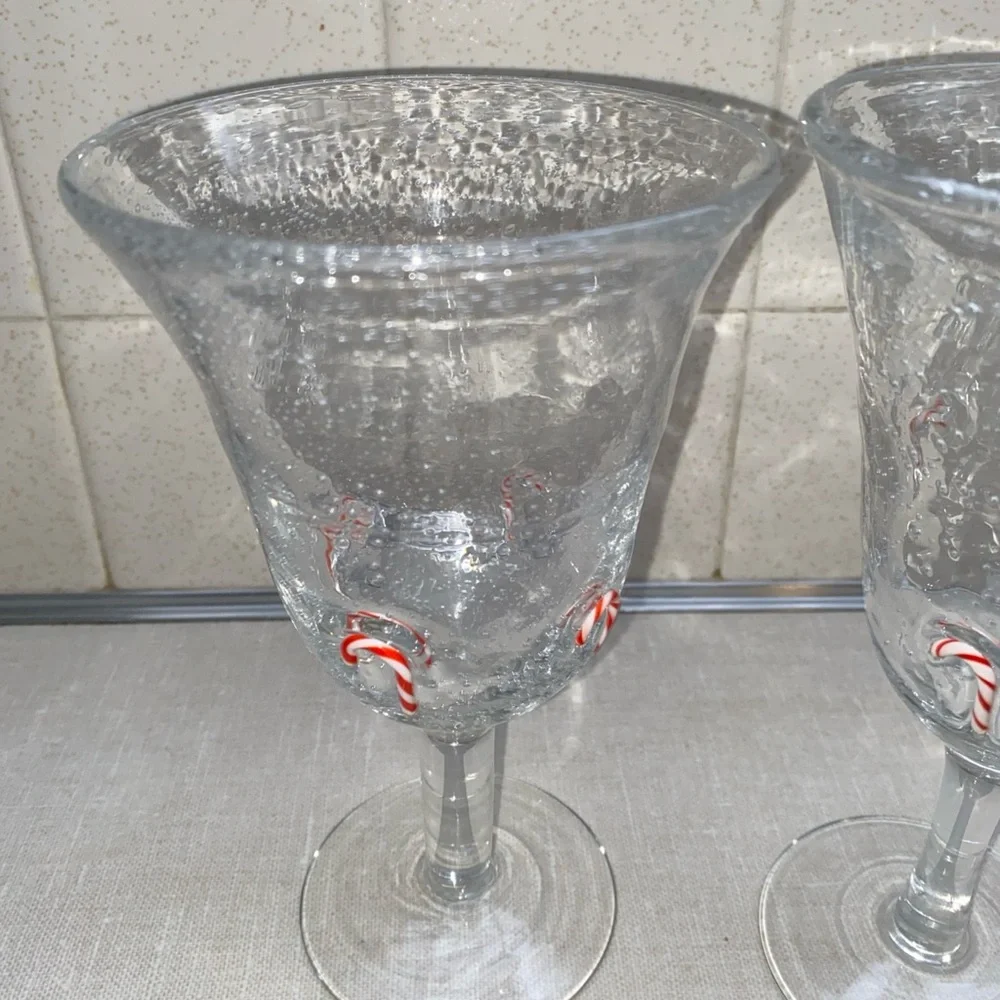 ARTLAND GOBLETS‎ Holiday Candy Canes Clear Seeded Bubble Hand-Blown Glass Set 2
